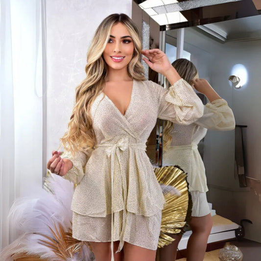 Vestido Corto de Seda con Manga Larga y Cinturón – Estilo Versátil